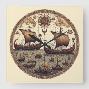 Ancient Viking Segelschiffe 3 Quadratische Wanduhr