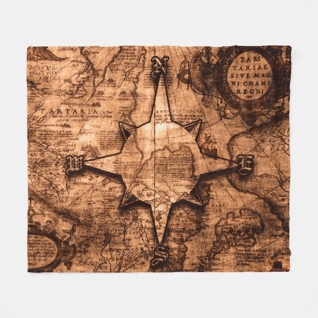 Ancient World Traveller - Map & Compass Rose Fleecedecke (Vorderseite (Horizontal))
