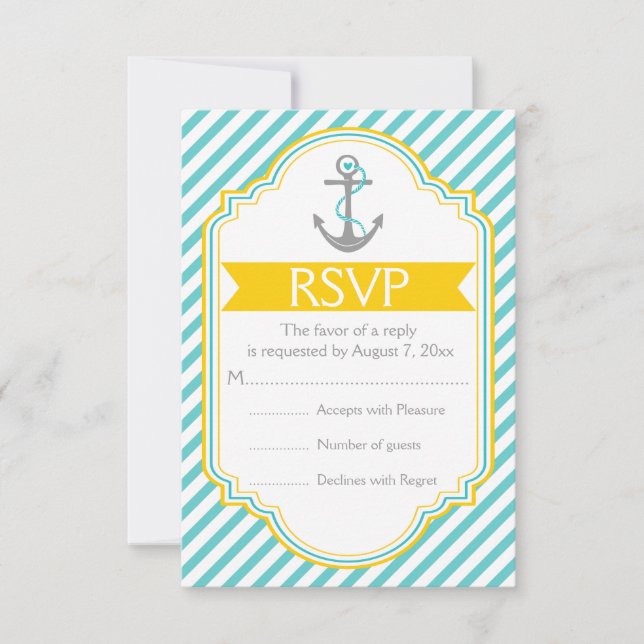 Ancre aqua, mariage nautique jaune RSVP (Devant)