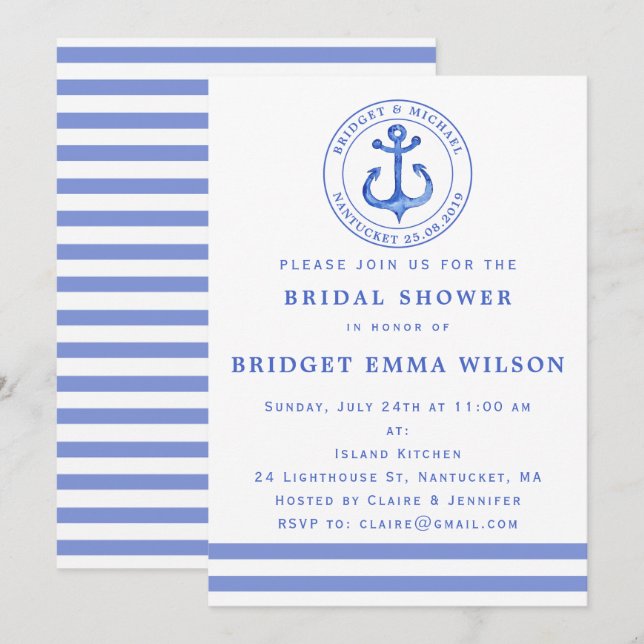 Ancre bleue marine | Invitation de douche nuptiale (Devant / Derrière)