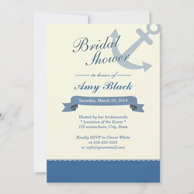 Ancre Bleue Nautique Invitations de douche nuptial (Devant)