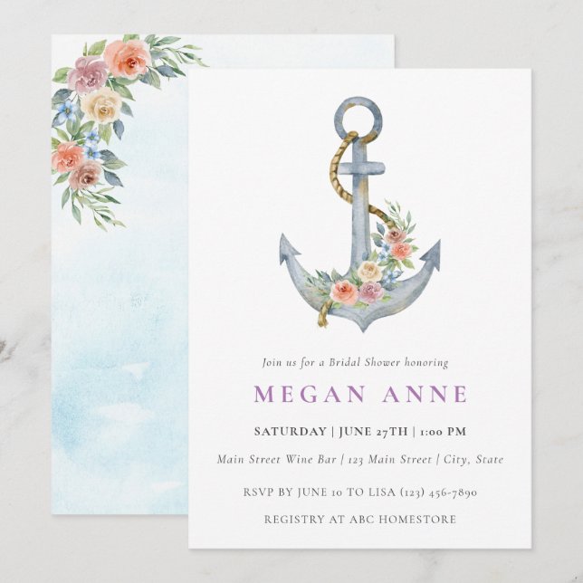 Ancre d'aquarelle et Fleurs Invitation Wedding sho (Devant / Derrière)
