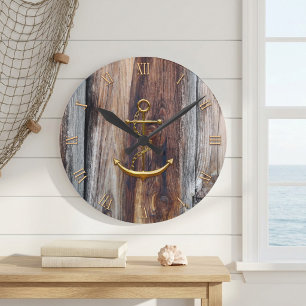 Ancre d'or en bois rustique Horloge murale marine