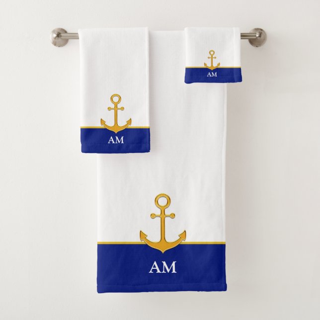 Ancre dorée et monogramme sur bleu et blanc (En situation)