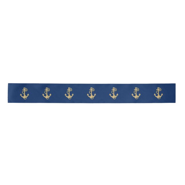 Ancre dorée sur ruban bleu marine en satin (Devant)