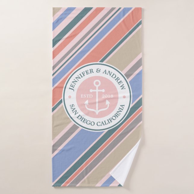 Ancre monographique Mariage nautique Bleu rose (Serviette de bain)