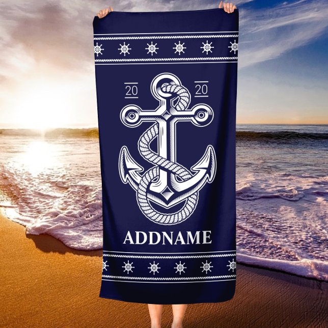 Ancre nautique Bleu bleu Serviette de plage person (Nautical Anchor Navy Blue Personalized Beach Towel)