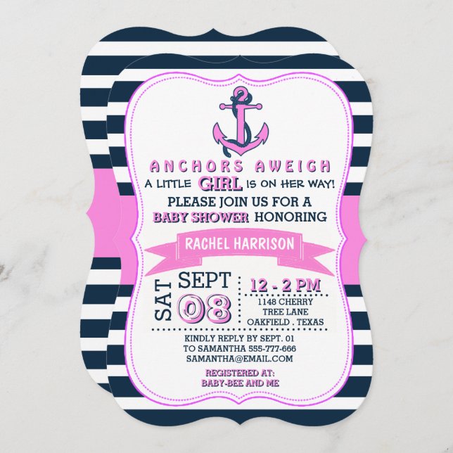 Ancre nautique de la fille Bébé Douche Invitations (Devant / Derrière)