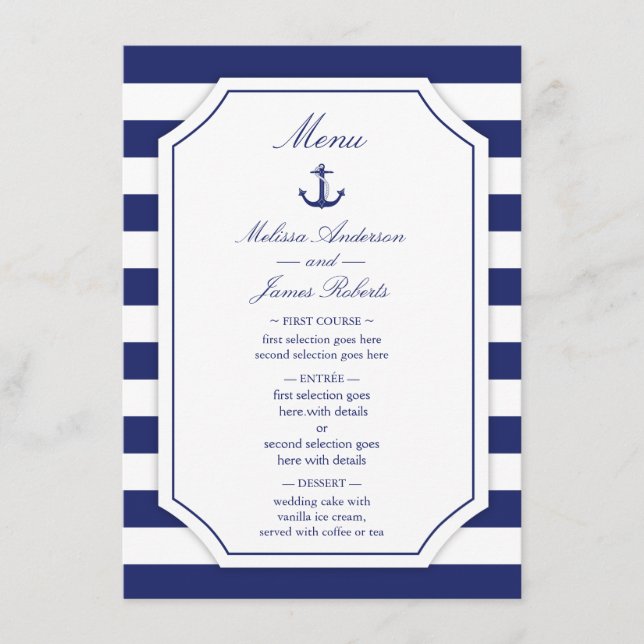Ancre nautique Marine Blue Stripe Mariage Menu (Devant)