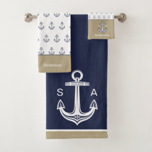 Ancre nautique monogramme Bleu Blanc Tan Côtier