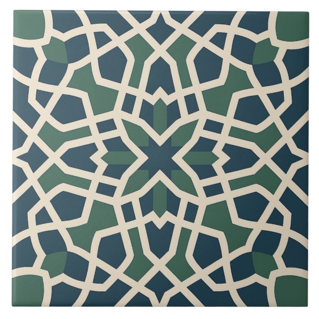 Andalusian Maze: Green & Blue Geometry Tile Fliese (Vorderseite)