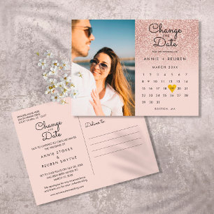 Ändere das Datum Kalender Roségold Glitter Foto Postkarte