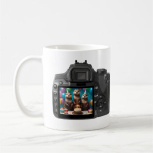 Andere Geburtstagsparty im Sucher in Kamera, Kaffeetasse