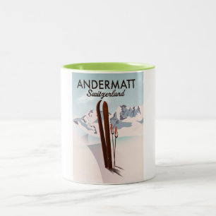 Andermatt Schweiz Skiposter Reiseprint. Zweifarbige Tasse
