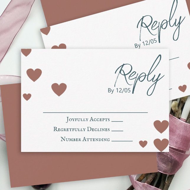 Ändern der Herzfarben, Terrakotta, Aquamarine Hoch Hinweiskarte (terracotta teal green calligraphy elegant script wedding rsvp cards reply response hearts)