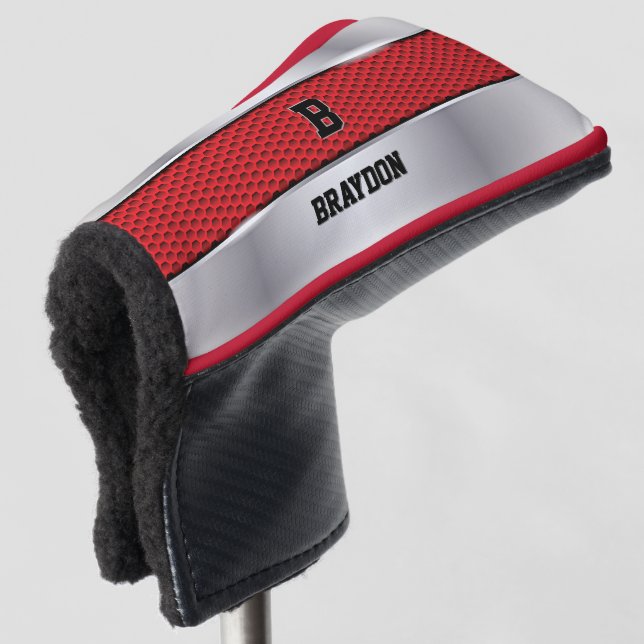 Ändern des Anfangsnamens Silver Gray Red Texture Golf Headcover (3/4 Vorderseite)