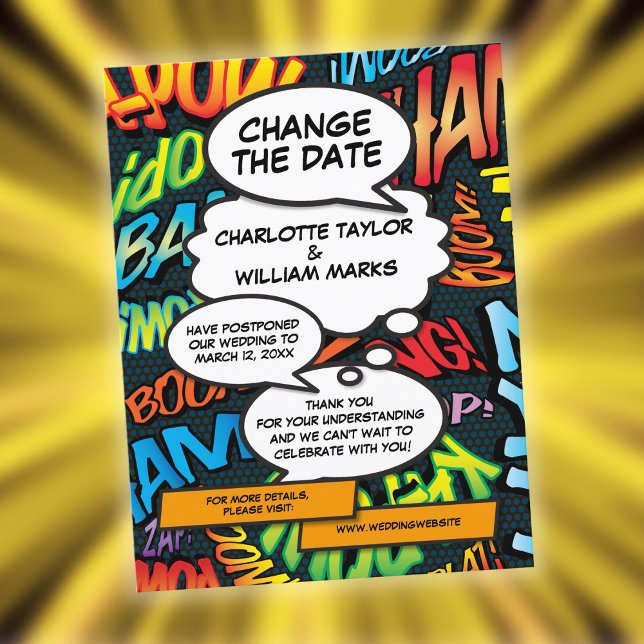 Ändern des Comic-Hochzeitstipendiums Ankündigungspostkarte (Change the Date Comic Book Wedding Postponement Announcement Postcard)