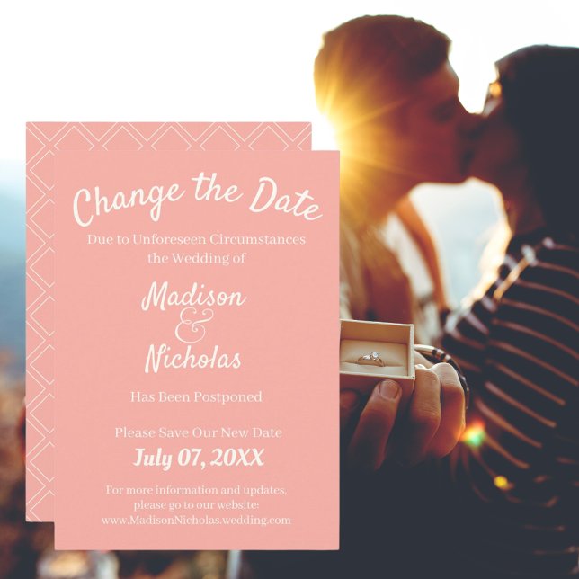 Ändern Sie das Datum Hochzeit verschoben Minimalis Save The Date (Change the Date Wedding Postponed Minimalist Pink Save The Date Announcement)