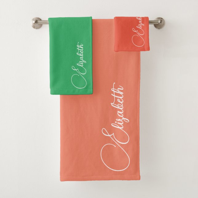 Ändern von Farben Lachs Orange Green Script Name Badhandtuch Set (Insitu)
