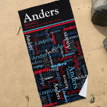 Anders personalisierter Name bedeutet schwarz blau Strandtuch<br><div class="desc">Typografischer kurzer Name Text blau, dunkelblau, himmelblau, rot, weiß auf einem schwarzen Hintergrund individuelle Name bedeutet Beach Handtuch Design. Die Hintergrundfarbe kann bei Bedarf geändert werden. Spaß personalisierte Grafik Text personalisiert Handtuch. Personalisieren Sie mit Ihrem eigenen kurzen Namen und Namen Bedeutung, liest derzeit Anders Manly. Mut, stark und tapfer. ©...</div>