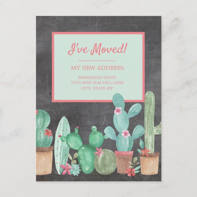 Änderung der Adresse Chalkboard Cactus Floral Postkarte (Vorderseite)