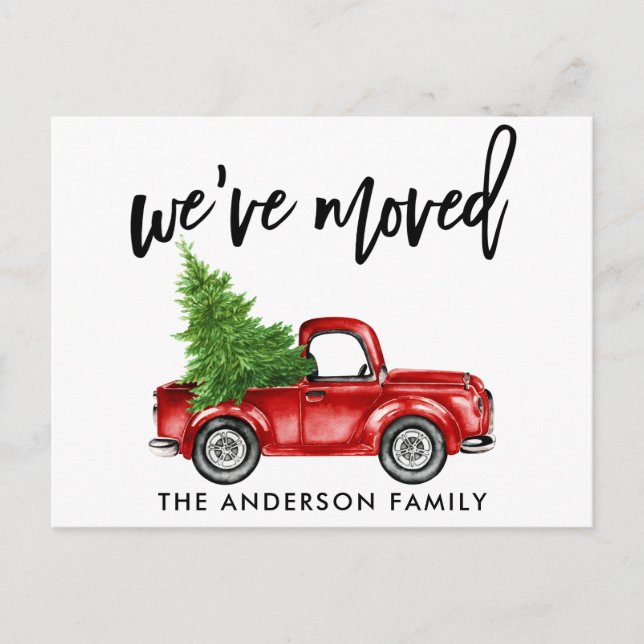 Änderung der Adresse Pinselschrift Red Truck Tree Postkarte (Vorderseite)