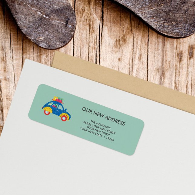 Änderung der Adresse von Funky Car (Blue Car on Teal background return address label)