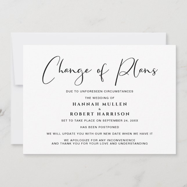 Änderung der Pläne Aufschiebung Schwarz-weiß storn Ankündigung (Vorderseite)