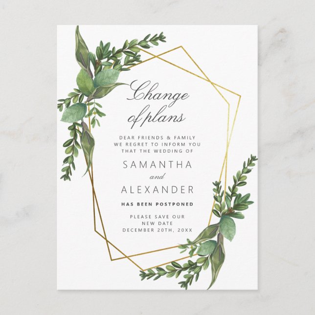 Änderung der Pläne | Botanische Hochzeit von Gold Einladungspostkarte (Vorderseite)