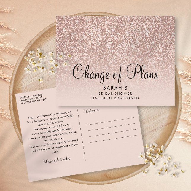 Änderung der Pläne Brautparty Rose Gold Glitzer Postkarte (Change of Plans Bridal Shower Rose Gold Glitter Postcard)