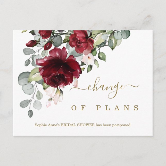 Änderung der Pläne Burgund Blume Brautparty Postkarte (Vorderseite)