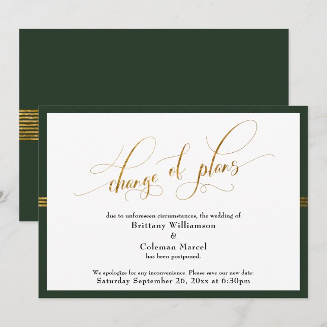 Änderung der Pläne Elegante Green w/Gold Stripe Ca Einladung (Vorne/Hinten)