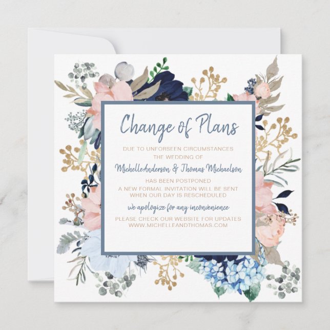 Änderung der Pläne Hochzeit Dusty Blue Pink Floral Save The Date (Vorderseite)