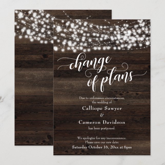 Änderung der Pläne Holzleuchten Verspätete Hochzei Einladung (Vorne/Hinten)