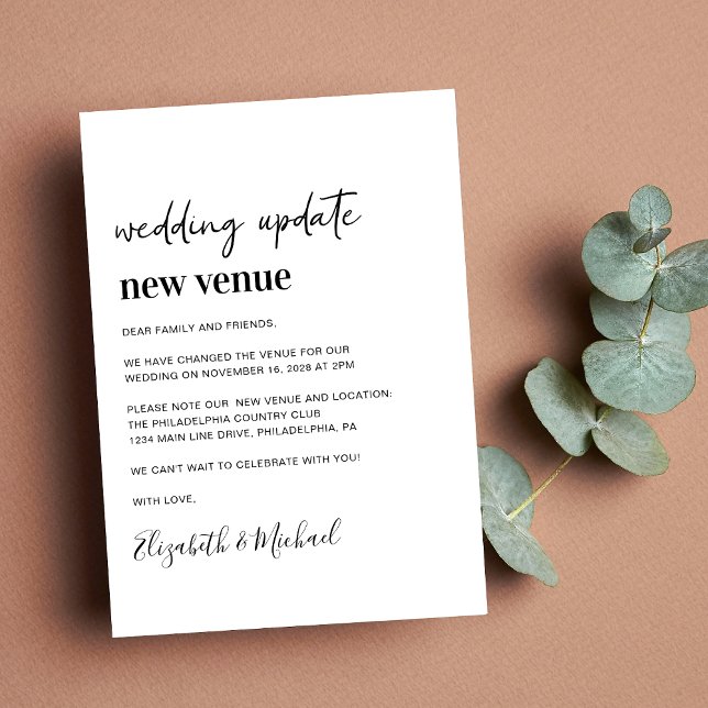 Änderung der Pläne Neuer Termin für Hochzeiten Ankündigung (A chic change of venue announcement. Our user-friendly template allows you to easily customize)
