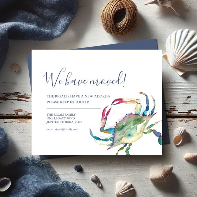 Änderung des Budgets für die Adressenfarbenkrabbe Flyer (Printed moving announcements watercolor blue crab art by Victoria Grigaliunas of Do Tell A Belle)