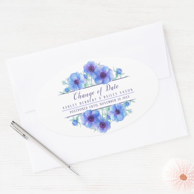 Änderung des Datums anemone blauen Hochzeit versch Ovaler Aufkleber (Umschlag)