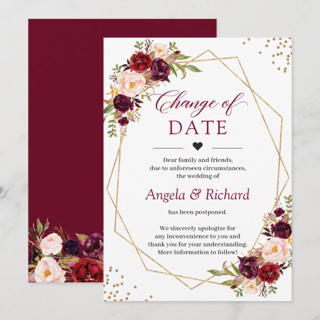 Änderung des Datums Burgundy Red Floral Gold Geome Einladung (Vorne/Hinten)