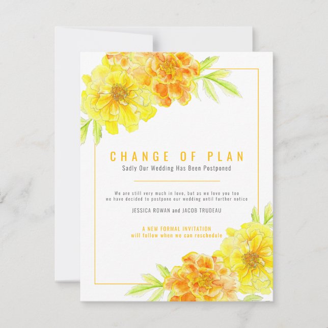 Änderung des Hochzeitsplanes Gelbe Marigold Storni Einladung (Vorderseite)