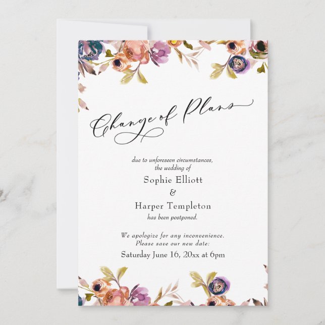 Änderung von Plänen floral verzögerte Hochzeitsakt Einladung (Vorderseite)