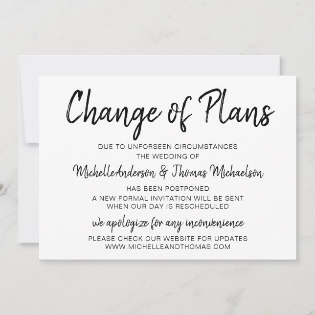 Änderung von Plänen Hochzeit einfache Schwarz-Weiß Save The Date (Vorderseite)