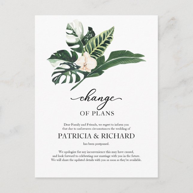 Änderung von Plänen Hochzeitverlängerung tropische Postkarte (Vorderseite)