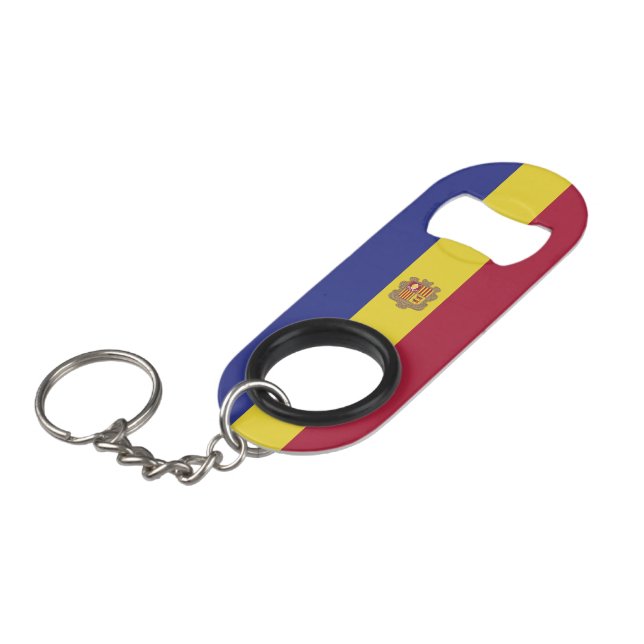 Andorra-Flagge Mini Flaschenöffner (Vorderseite Schrägansicht)