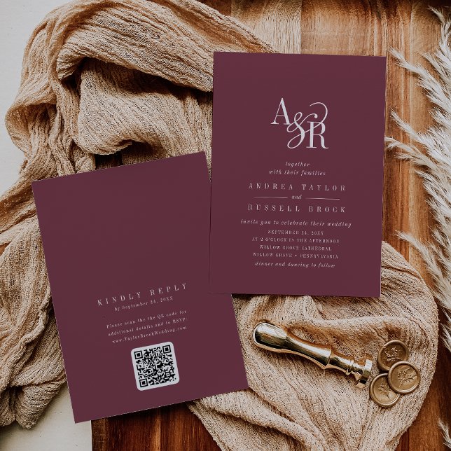 ANDREA Burgundy QR Code Classic Elegant Wedding Einladung (ANDREA Burgundy QR Code Classic Elegant Wedding Invitation)