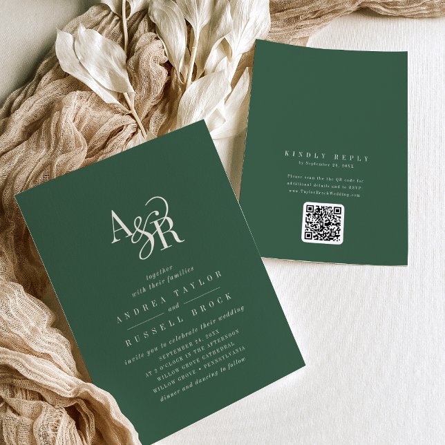 ANDREA Dark Green QR Code Classic Elegant Wedding Einladung (ANDREA Dark Green QR Code Classic Elegant Wedding Invitation)
