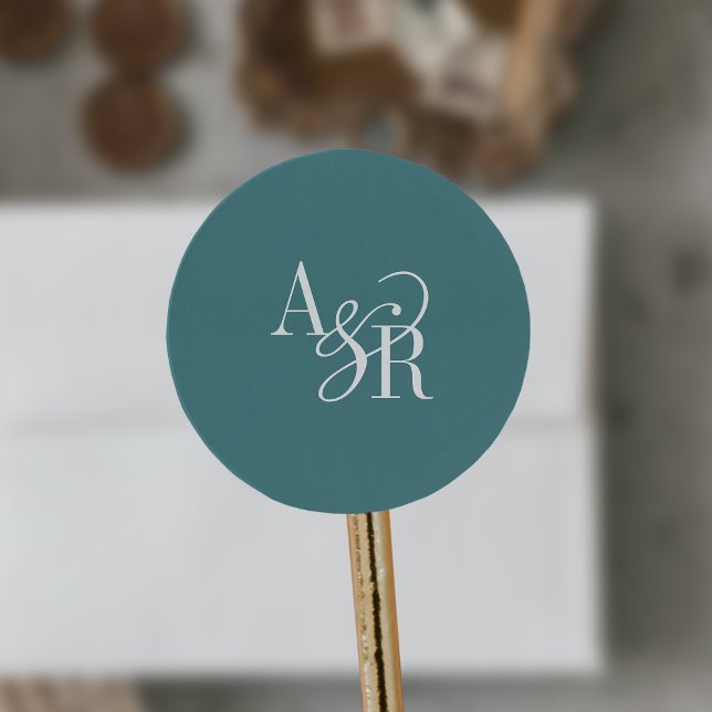 ANDREA Dark Teal Modern Simple Wedding Monogram Runder Aufkleber (ANDREA Dark Teal Modern Simple Wedding Monogram Classic Round Sticker)