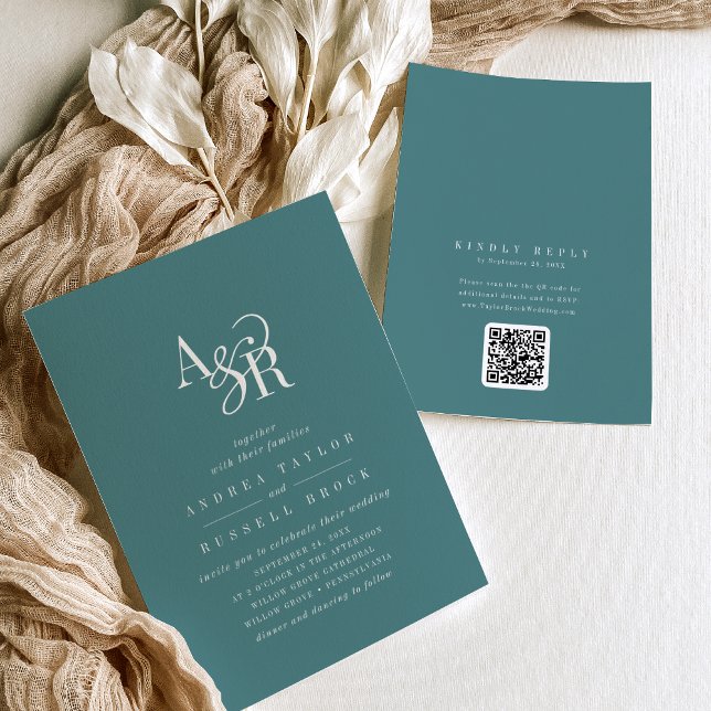 ANDREA Dark Teal QR Code Classic Elegant Wedding Einladung (ANDREA Dark Teal QR Code Classic Elegant Wedding Invitation)