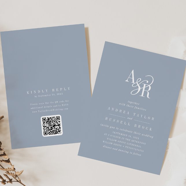 ANDREA Dusty Blue QR Code Classic Elegant Wedding Einladung (ANDREA Dusty Blue QR Code Classic Elegant Wedding Invitation)
