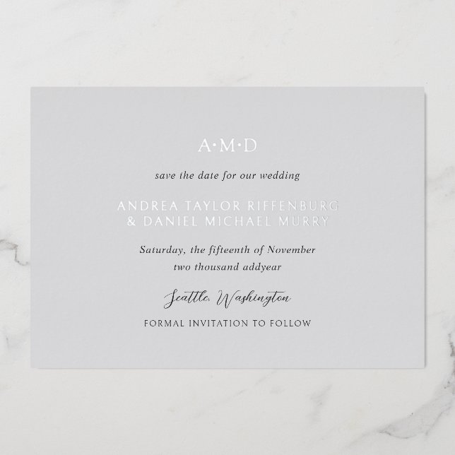 Andrea Gray Elegant Wedding Save the Date Folieneinladung (Vorderseite)