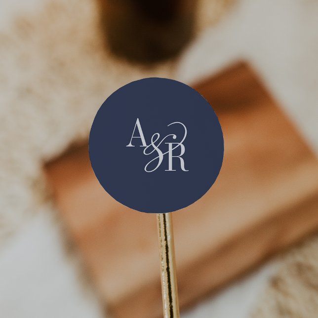 ANDREA Marineblaue moderne einfache Hochzeitsmonog Runder Aufkleber (ANDREA Navy Blue Modern Simple Wedding Monogram Classic Round Sticker)